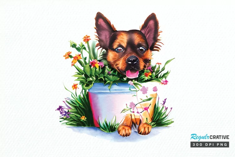 Watercolor Dog Floral PNG Clipart