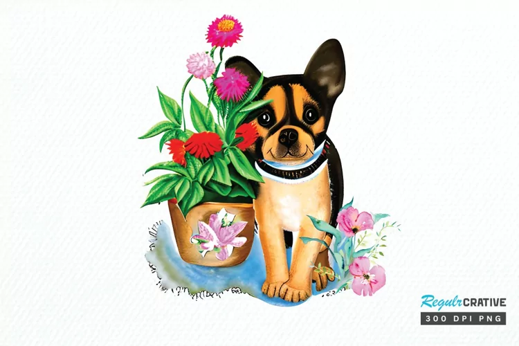 Watercolor Dog Floral PNG Clipart