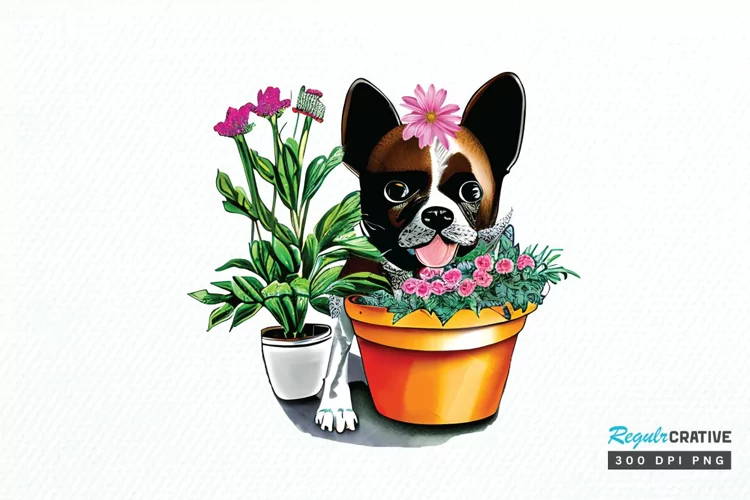 Watercolor Dog Floral PNG Clipart