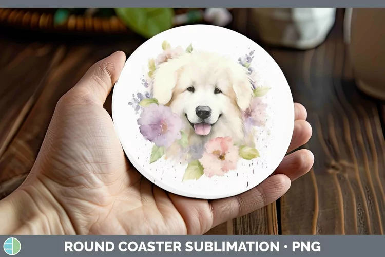 Watercolor Dog Great Pyrenees Round Coaster Sublimation Coas