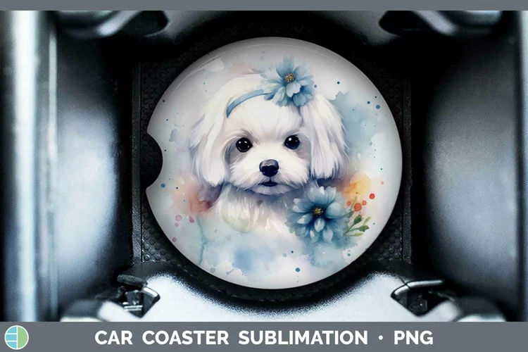 Watercolor Dog Maltese Car Coaster Sublimation Coaster Desig