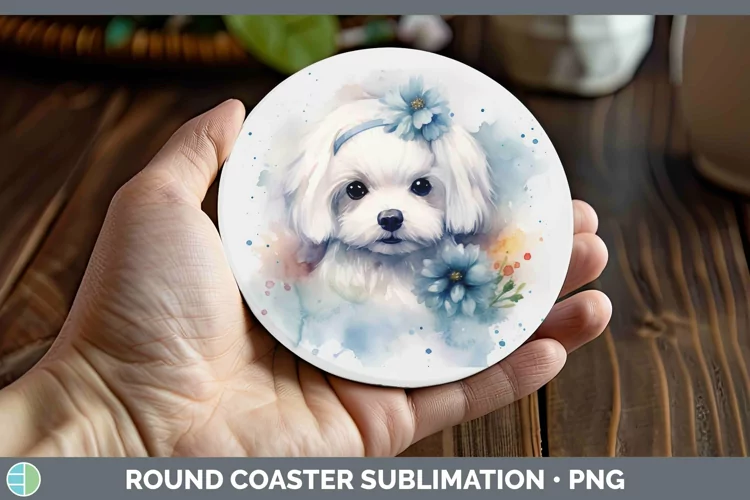 Watercolor Dog Maltese Round Coaster Sublimation Coaster Des