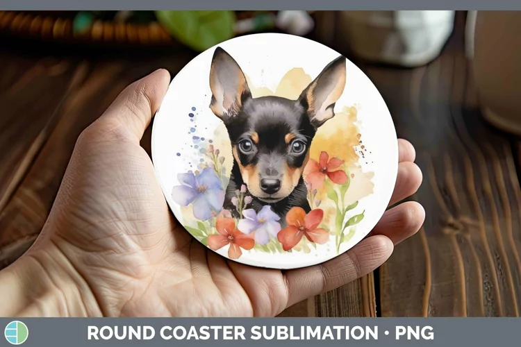 Watercolor Dog Miniature Pinscher Round Coaster Sublimation