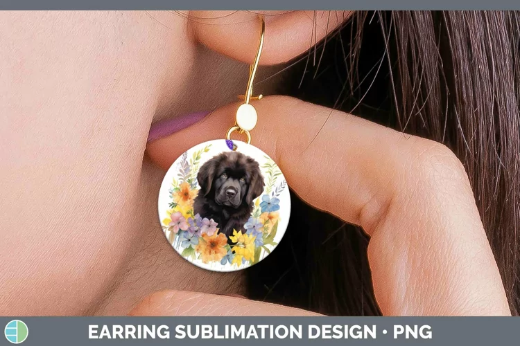 Watercolor Dog Newfoundland Round Earrings Sublimation Earri