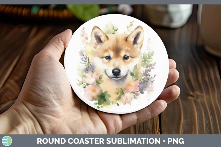 Watercolor Dog Shiba Inu Round Coaster Sublimation Coaster D