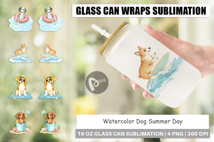 Glass Can Summer Dog Watercolor