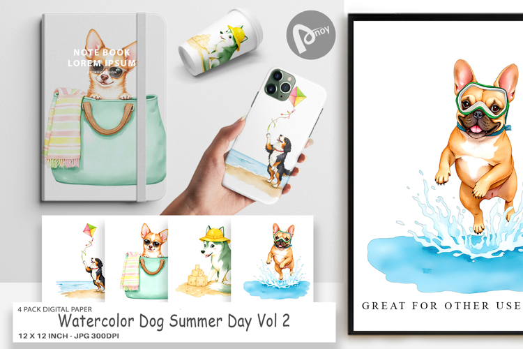 Digital Paper Summer Dog Watercolor