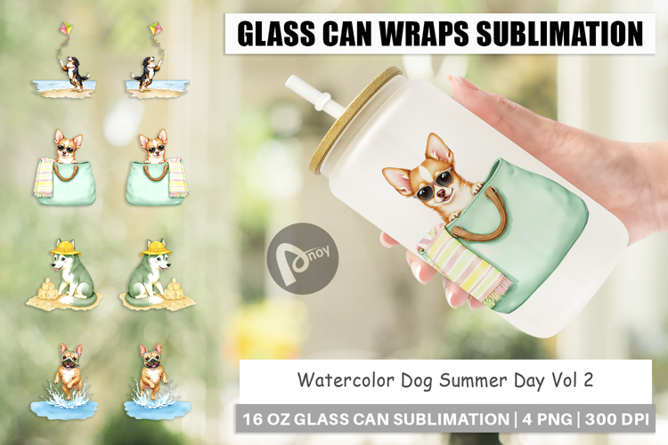 Glass Can Summer Dog Watercolor