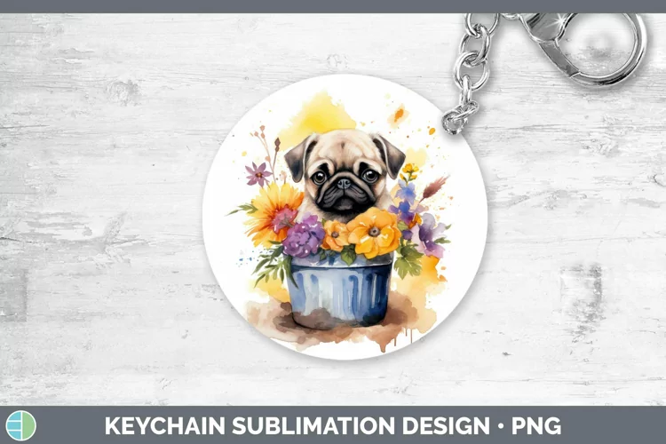 Watercolor Dogs Pug Keychain Sublimation Keyring Designs