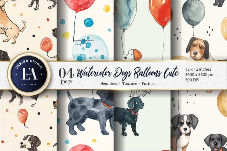 Watercolor Dogs with Balloons Cute Seamless Digital Paper