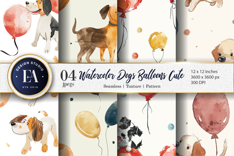Adorable Dogs with Balloons Watercolor Digital Paper
