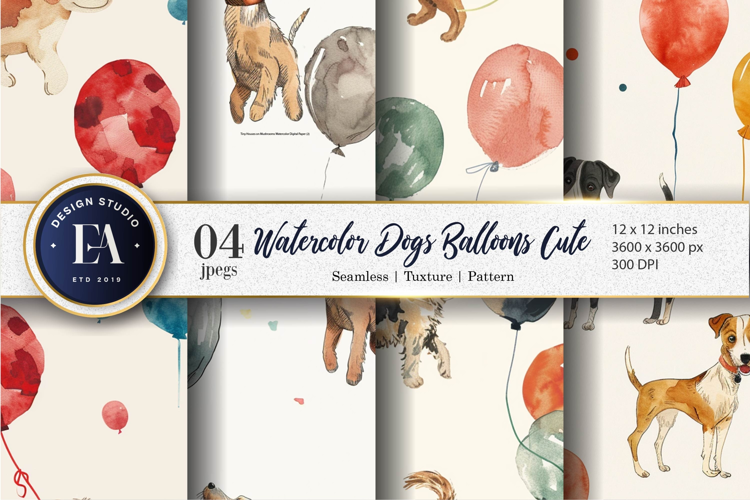 Watercolor Dogs with Balloons Cute Seamless Digital Paper