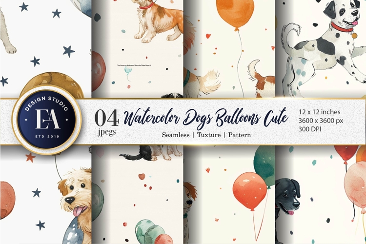 Watercolor Dogs with Balloons Cute Seamless Digital Paper
