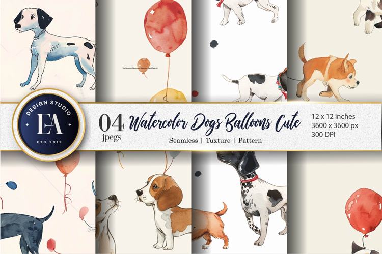 Adorable Dogs with Balloons Watercolor Digital Paper