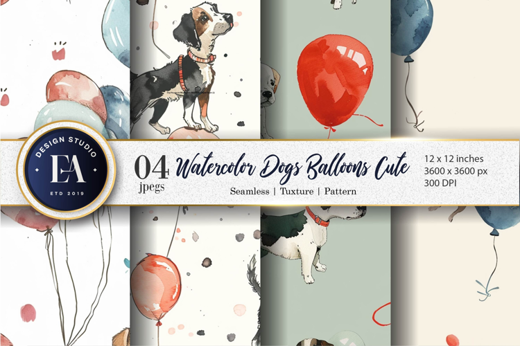 Adorable Dogs with Balloons Watercolor Digital Paper