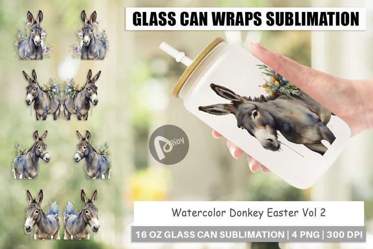 Glass Can Wraps Watercolor Donkey Easter