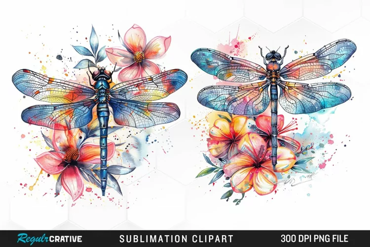 Watercolor Dragonfly Floral Clipart