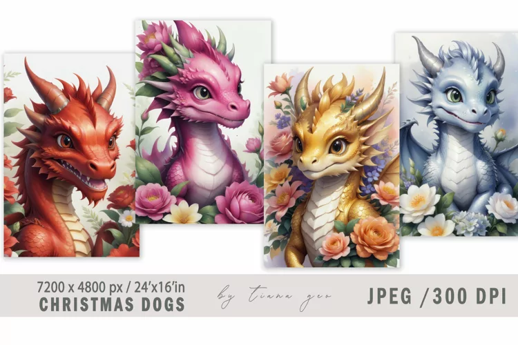 Cute floral dragon illustrations for prints- 4 Jpeg
