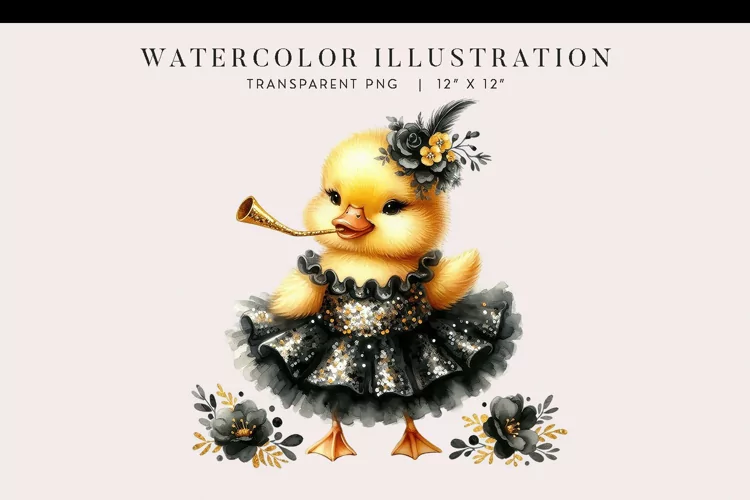 Watercolor Duckling New Year’s Celebration Clipart PNG