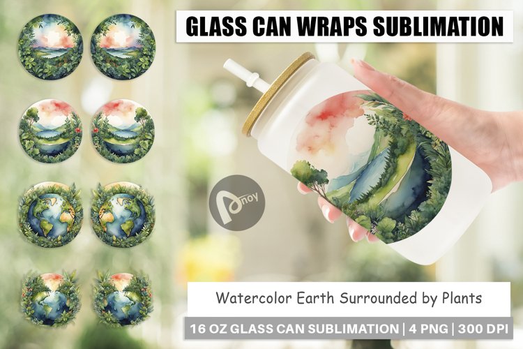 Glass Can Wraps Watercolor Earth Plants