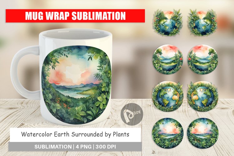 Mug Wrap Design Watercolor Earth Plants example image 1