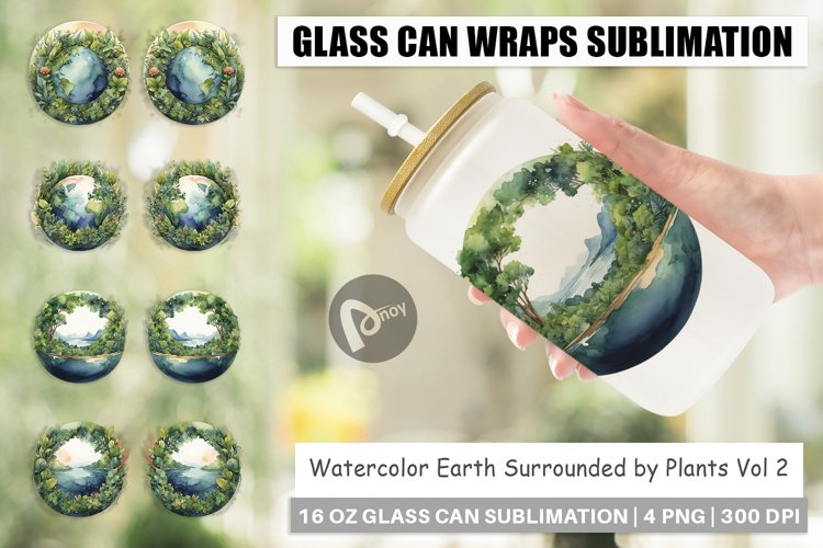 Glass Can Wraps Watercolor Earth Plants