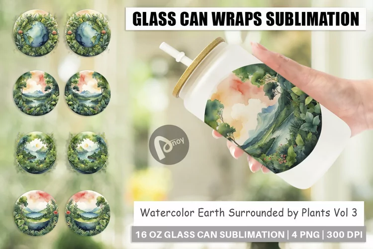 Glass Can Wraps Watercolor Earth Plants