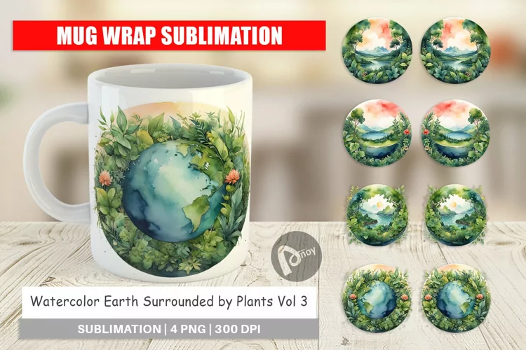 Mug Wrap Design Watercolor Earth Plants