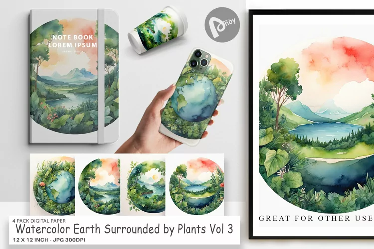 Digital Paper Watercolor Earth Plants