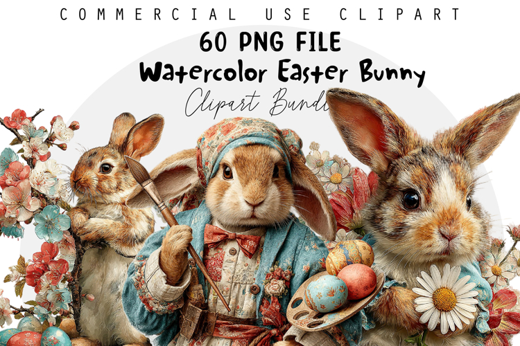 Watercolor Easter Bunny PNG Bundle, Easter Sublimation PNG