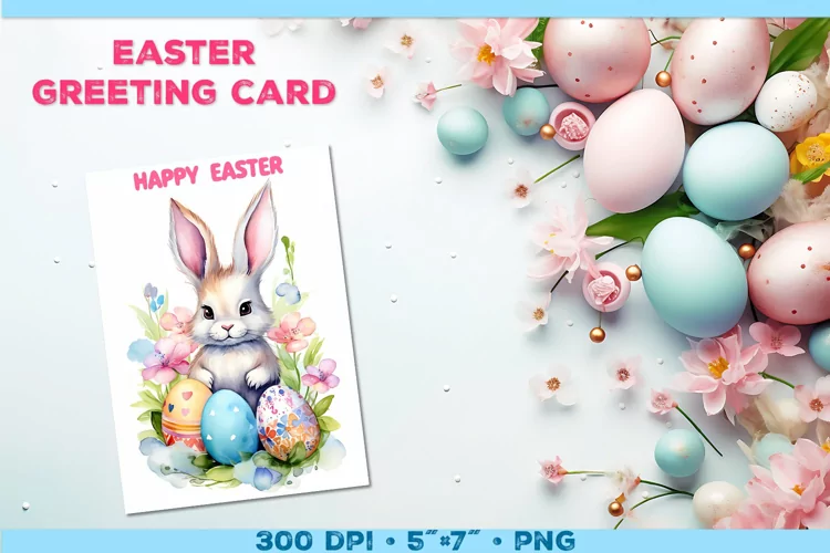 Watercolor Bunny Easter Greeting Card. Easter Card PNG