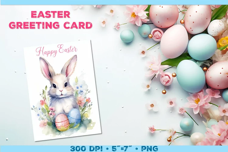 Watercolor Bunny Easter Greeting Card. Easter Card PNG