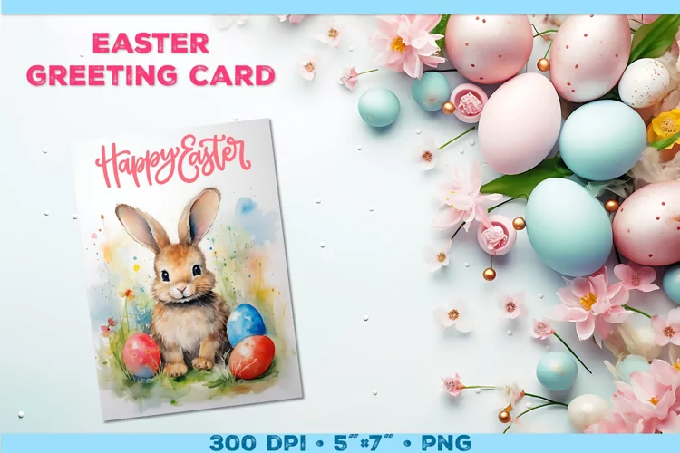 Watercolor Bunny Easter Greeting Card. Easter Card PNG