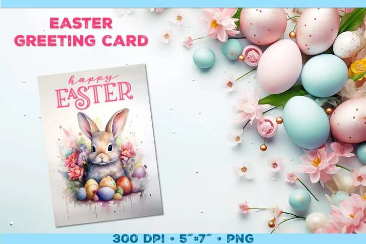 Watercolor Bunny Easter Greeting Card. Easter Card PNG