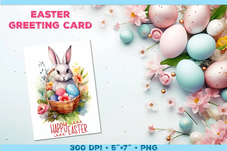 Watercolor Bunny Easter Greeting Card. Easter Card PNG