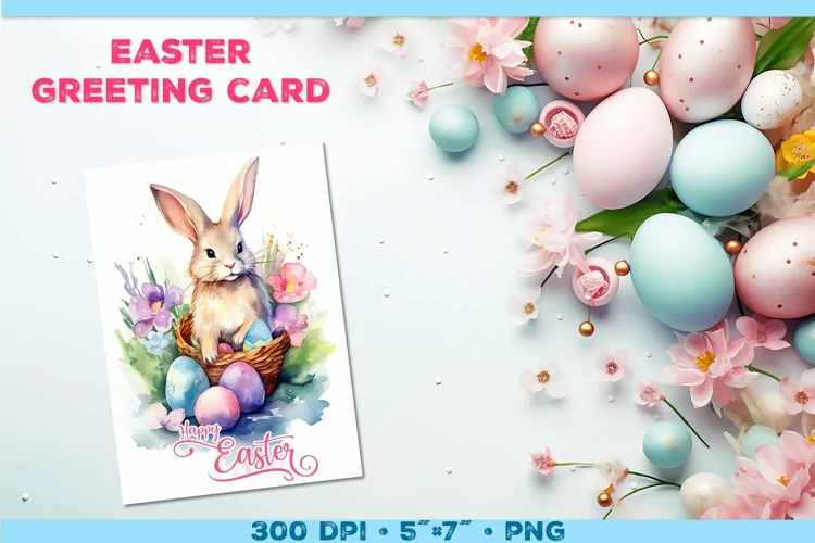 Watercolor Bunny Easter Greeting Card. Easter Card PNG
