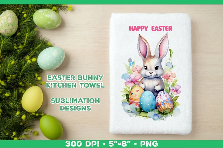 Watercolor Easter Bunny Towel Sublimation Design PNG