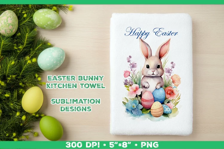 Watercolor Easter Bunny Towel Sublimation Design PNG