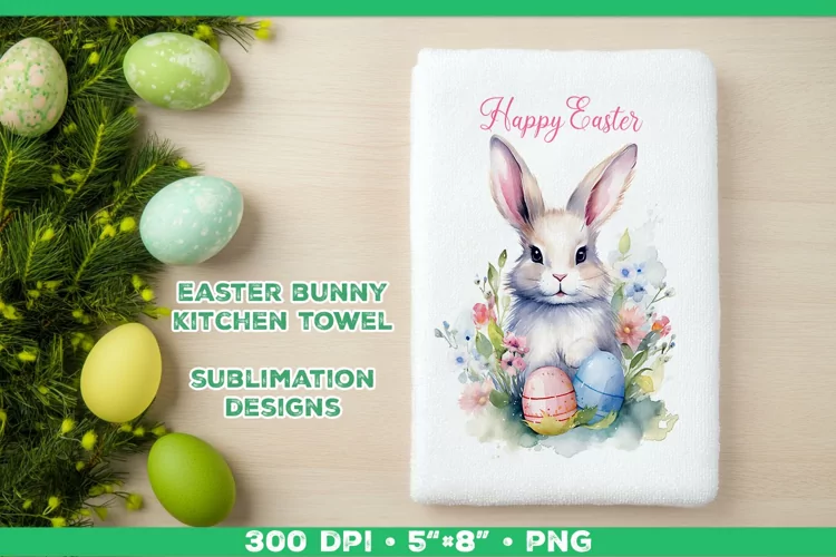 Watercolor Easter Bunny Towel Sublimation Design PNG
