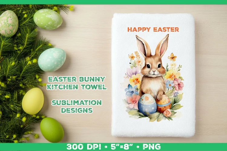 Watercolor Easter Bunny Towel Sublimation Design PNG
