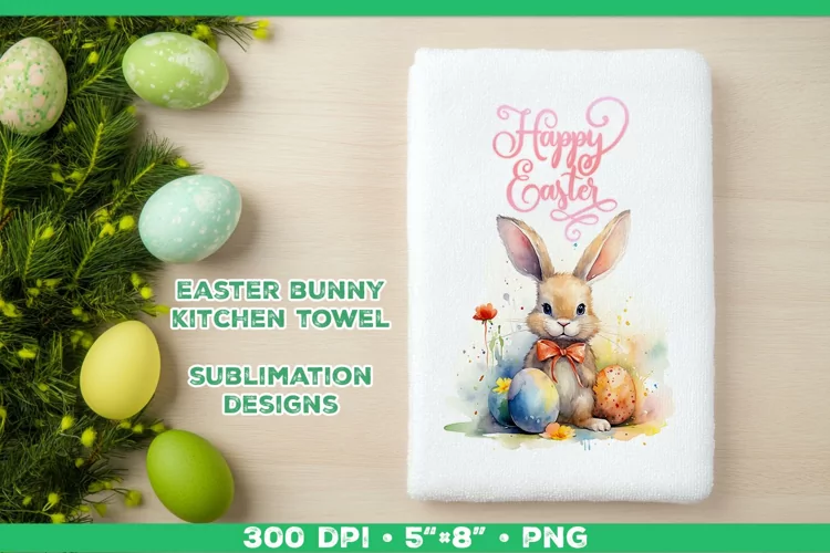Watercolor Easter Bunny Towel Sublimation Design PNG