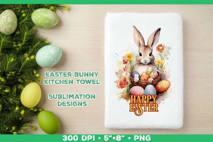 Watercolor Easter Bunny Towel Sublimation Design PNG