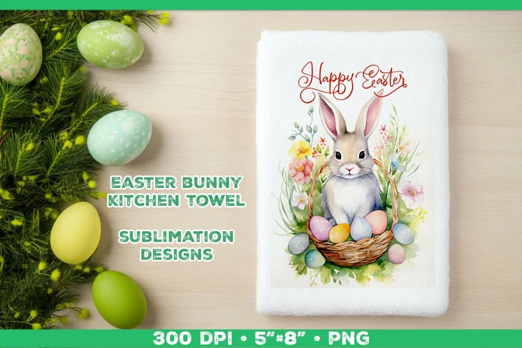 Watercolor Easter Bunny Towel Sublimation Design PNG