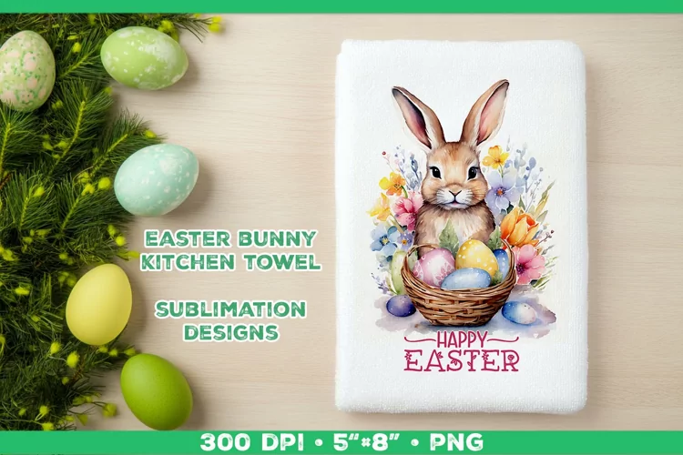 Watercolor Easter Bunny Towel Sublimation Design PNG