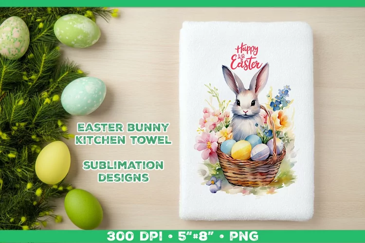 Watercolor Easter Bunny Towel Sublimation Design PNG