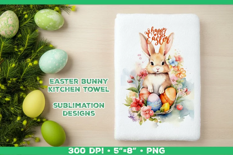 Watercolor Easter Bunny Towel Sublimation Design PNG