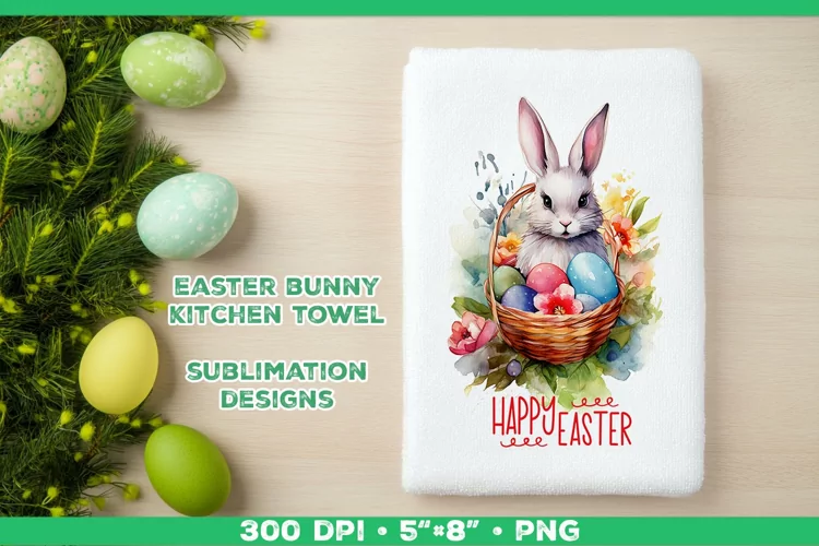 Watercolor Easter Bunny Towel Sublimation Design PNG