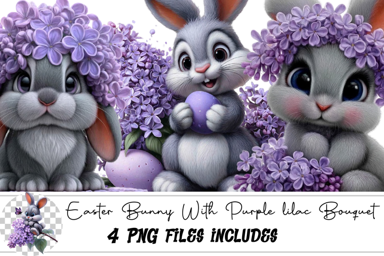 Watercolor Easter Bunny With Purple lilac Bouquet Clipart