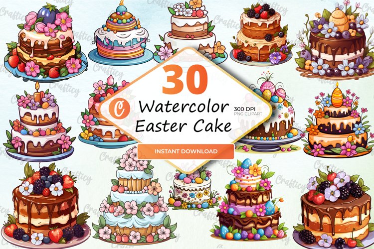 Watercolor Easter Cake Clipart Bundle