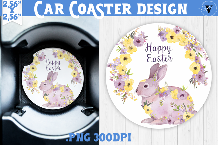 Car Coaster | Watercolor Bunny | Happy Easter